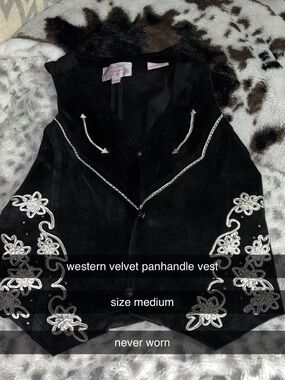 Panhandle Slim Black Velvet Western Button-Down Vest with Silver Embroidery